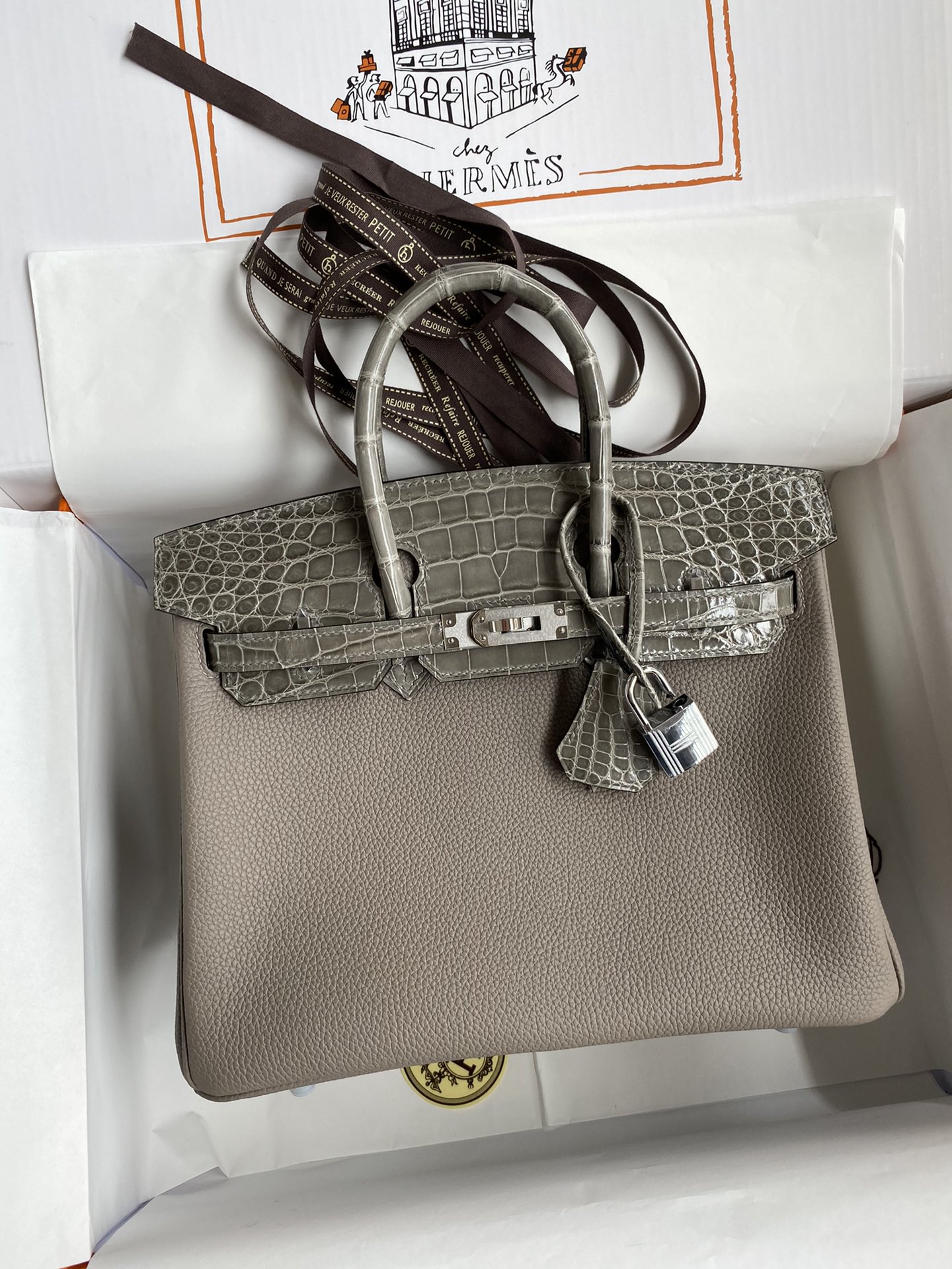 Hermes Touch Birkin 25CM Bag In Gris Asphalte Togo and Shiny Niloticus Crocodile Skin